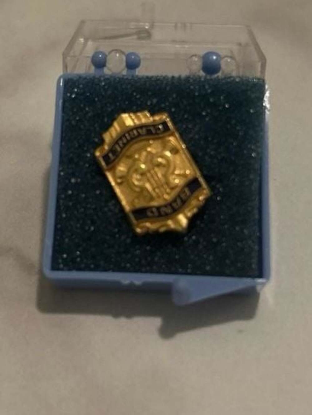 Vintage Gold Tone and Blue Enamel Clarinet Band Shield Lapel Pin